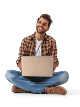 A man is sitting cross-legged on floor with a laptop on his lap , he is looking happy. isolate on transparency background png