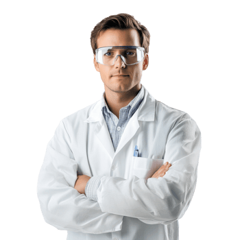 Scientist wearing lab coat and safety goggles showcasing success on transparent background png