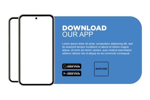 Download our app advertising banner. App for mobile phones. Phone mockup template vector