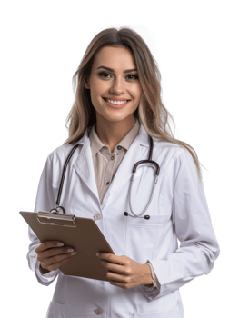 Smiling female doctor holding clipboard isolate on transparency background png