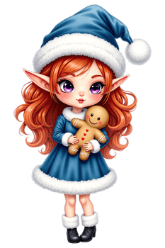 Adorable Red-Haired Elf Girl Holding Gingerbread Man in Christmas Outfit png