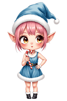 Cute Pink-Haired Elf Girl with Candy Cane in Christmas Outfit png