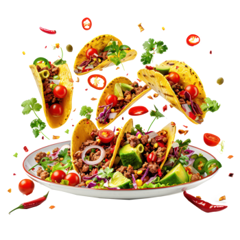floated Mexican food Tacos with ingredients falling into a plate isolate on transparency background png