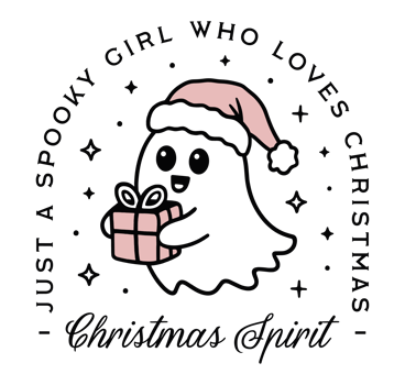 Just a girl who loves Christmas spirit cute spooky ghost wearing Santa hat holding gift funny quotes shirt design Holiday season retro pink girly girlie aesthetic printable sticker cut file png
