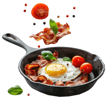 floated Fried egg, bacon and cherry tomatoes flying into iron skillet isolate on transparency background png