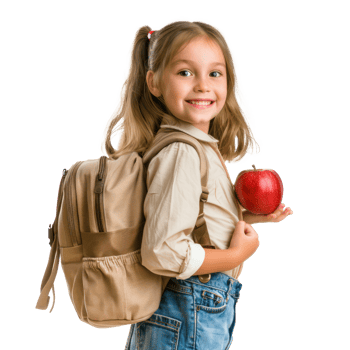 Happy girl with school backpack with red apple, standing isolate on transparency background png