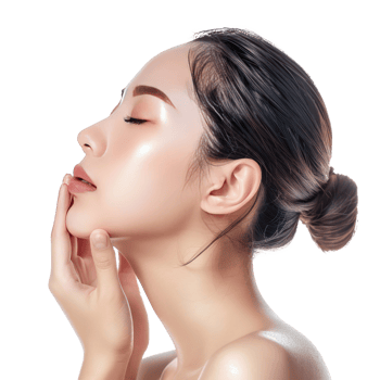 Beautiful woman body and face care with hand geture side view isolate on transparency background png