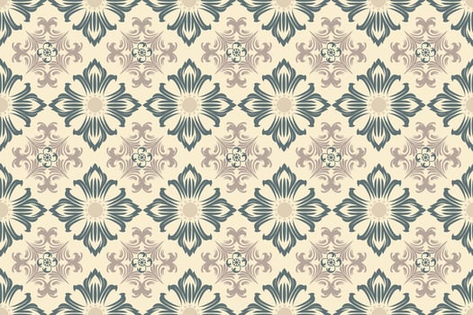 Seamless ornamental damask tile pattern with floral-inspired motifs in beige and green hues, ideal for wallpaper, fabric prints, wrapping paper, and interior design with a vintage and elegant touch. vector