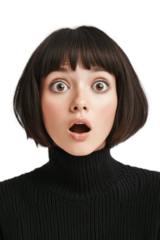 A surprised young woman with short brown hair, wide eyes, and an open mouth expression, wearing a black turtleneck against a transparent background png