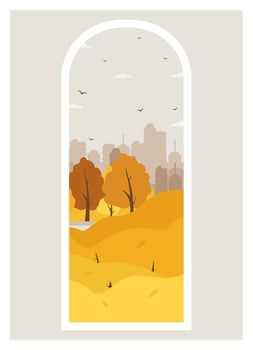 Autumn city park scene view illustration. Parkland trail with trees and bushes with falling leaves vector