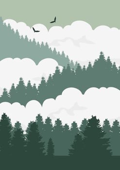 Abstract winter landscape postcard composition. Mountains forest cloudscape flat illustration vector