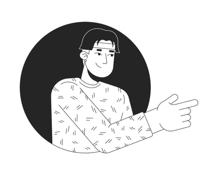 Finger pointing asian man in circle frame black and white 2D line character. Stylish male choosing. Modern korean guy showing direction isolated outline person. Monochromatic spot illustration vector
