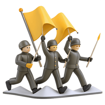 Three Toy Soldiers Marching with Yellow Flags png