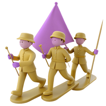 Three Cartoon Soldiers Marching with a Purple Flag png
