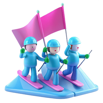 Three 3D Characters Skiing Down a Hill With Pink Flags png