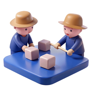 Two 3D Cartoon Characters Working Together to Build a Structure png