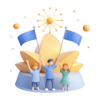 Celebrating Together Three Cartoon Characters Raising Flags Under a Festive Burst png