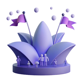 3D Illustration of a Purple Flower with Flags and Small People png