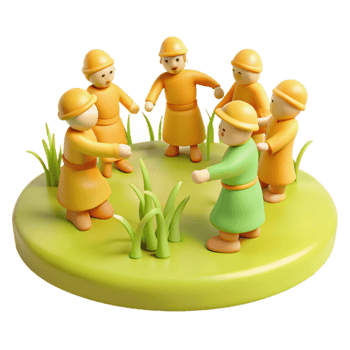 3D Illustration of Cartoon Characters in a Circle on a Green Grass Field png