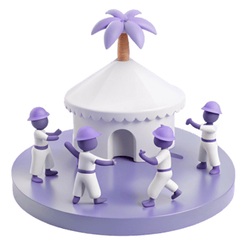 3D Render of Four Cartoon Figures Dancing Around a Tent with a Palm Tree png