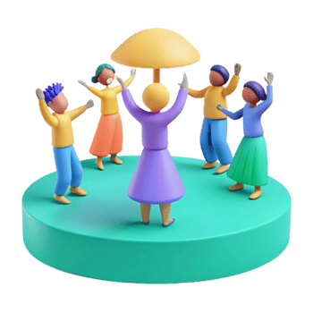Cheerful Cartoon Characters Dancing Under an Umbrella png