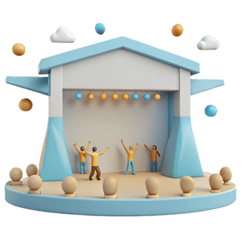 3D Stage with Dancing Figures and Floating Balls png