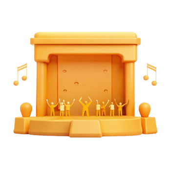 3D Stage with Tiny Figures Raising Hands and Music Notes png