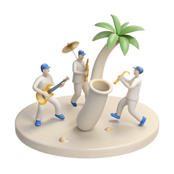 Tropical Island Music Band 3D Illustration of Musicians Playing on a Beach png