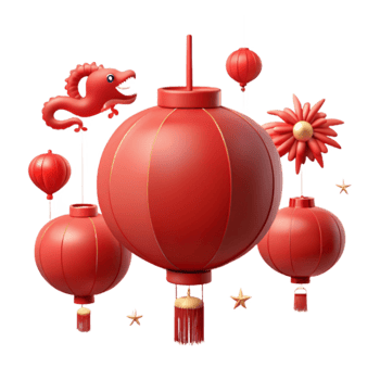 Red Lanterns, Dragon, and Flowers Festive Asian Decor png