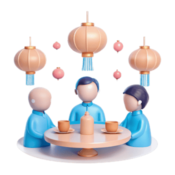 3D Render of People Enjoying Tea Around a Table with Lanterns Above png