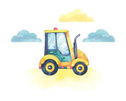 Yellow tractor with a green body and pink detailing on a background with clouds. Vehicle toy Watercolor clipart for use in industrial-themed designs, educational illustrations, or birthday invitations png