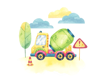 Cement mixer truck surrounded by trees, a traffic cone, and a warning sign. Vehicle toy Watercolor clipart for use in road safety materials, children's storybooks, or construction site illustrations png
