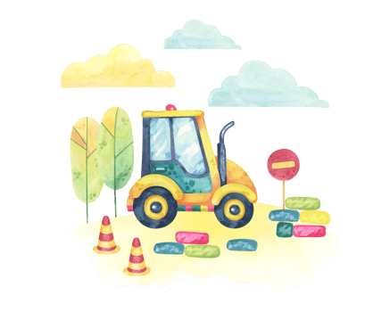 Forklift truck in a construction site, surrounded by trees, road signs, and a traffic cone. Vehicle toy Watercolor clipart for use in safety materials, children's education, or transportation designs png