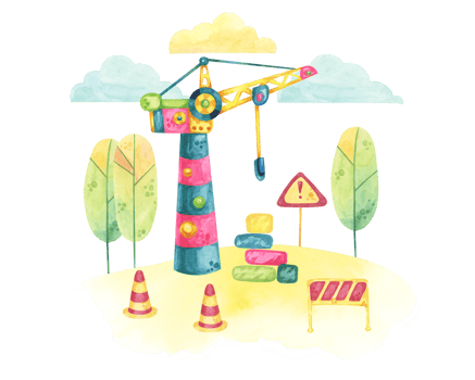 Colorful tower crane set in a construction site with barriers, road signs, and trees. Vehicle toy Watercolor clipart for use in construction project illustrations, children's storybooks, or posters png