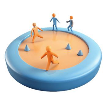 3D Render of Four Figures on a Circular Platform with Conical Objects png