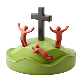 Three Figures Celebrating Around a Cross on a Green Hill png