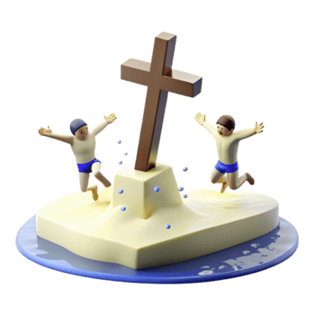 Two Figures Celebrating on a Small Island with a Cross png