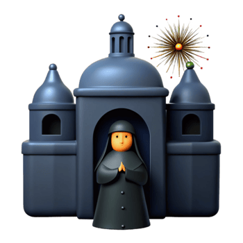 3D Render of a Praying Figure in a Church with Fireworks in the Background png