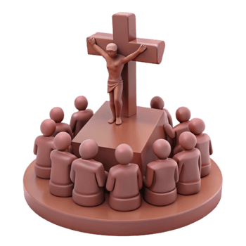 3D Render of a Figure on a Cross with People Surrounding png