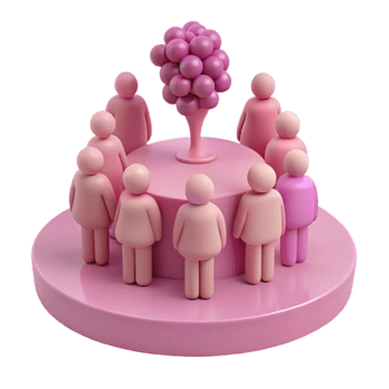 Group of Pink Figures Surrounding a Purple Sphere png