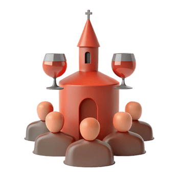 3D Illustration of a Church with Wine Glasses and People Surrounding It png