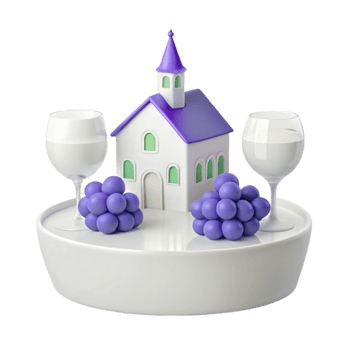 3D Render of a White House with a Purple Roof, Two Wine Glasses, and Grapes png