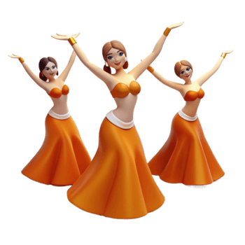 Three Cartoon Women Dancing in Orange Skirts png