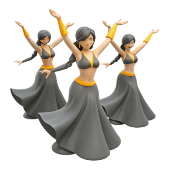 Three Cartoon Women Dancing in Gray Skirts and Yellow Accents png