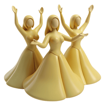 Three 3D Rendered Figures in Yellow Dresses Raising Their Arms png