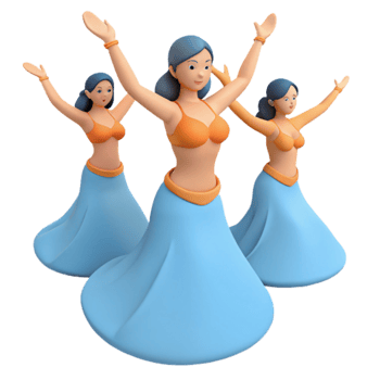 Three Animated Women in Blue Skirts and Orange Tops Dancing png