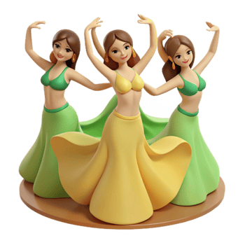 Three Animated Women in Green and Yellow Skirts Dancing png