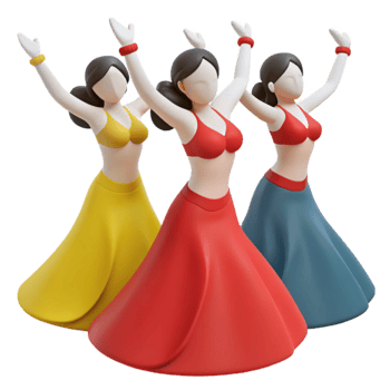 Three Dancing Figures in Colorful Skirts png