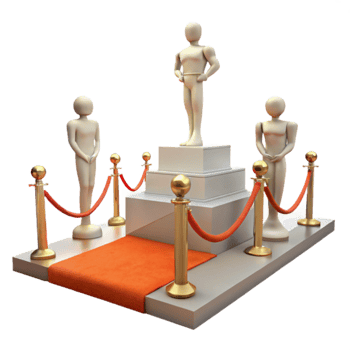 Red Carpet Award Ceremony with Gold Stanchions and a Winner Standing on a Platform png