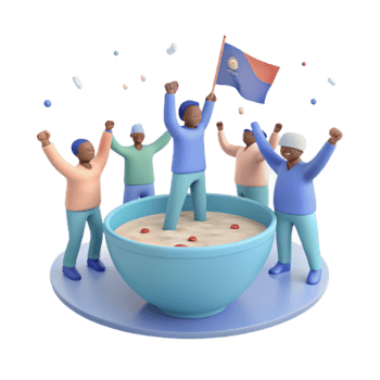 Cheerful 3D Characters Celebrating Around a Bowl of Cereal png
